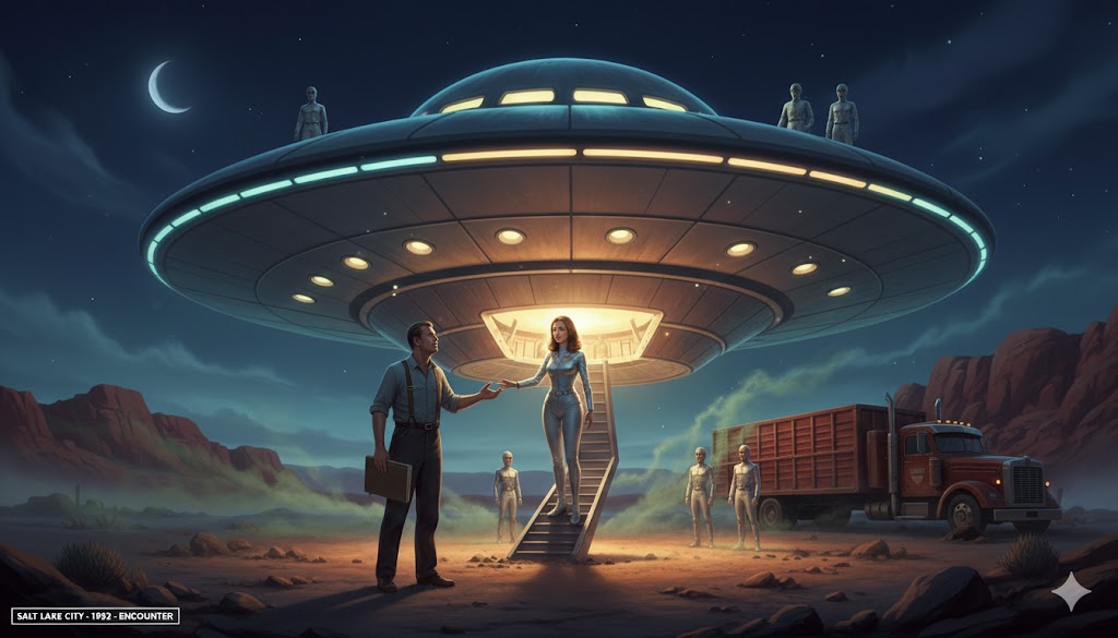 Realistic illustration of Truman Bethurum’s second 1952 encounter near Salt Lake City, showing his truck parked in the desert as he meets the lady captain descending from a glowing saucer.