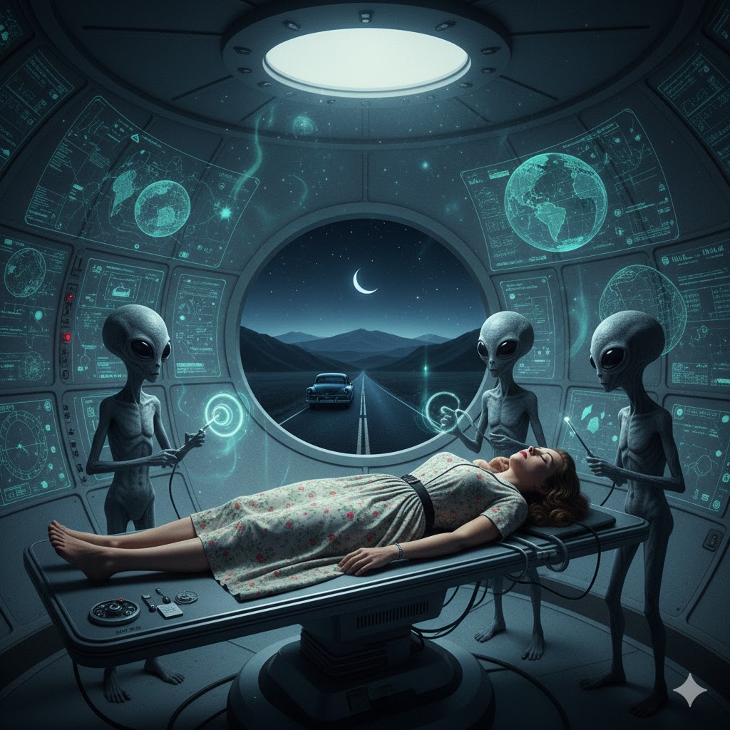 Don't forget to set the Alt Text to: "Realistic illustration of a 1952 alien abduction in West Virginia; small gray beings examine a witness on a table inside a craft featuring glowing celestial charts on the walls