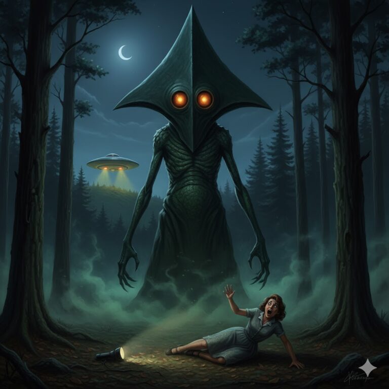 Realistic illustration of the 1952 Sutton West Virginia encounter, featuring a massive pointy-headed entity with glowing orange eyes in a wooded area with a witness and a hovering disc in the background.