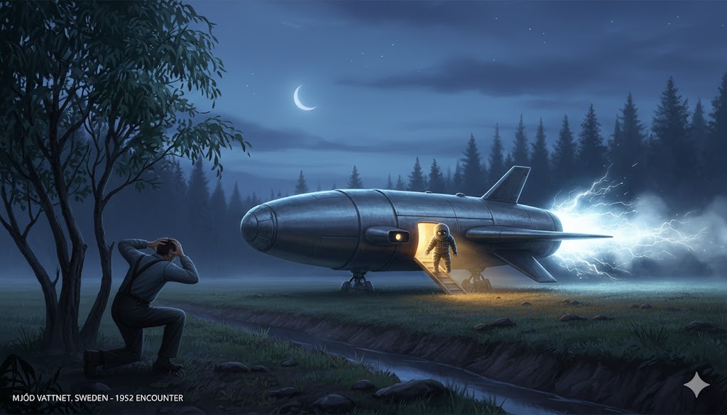 Realistic illustration of Helge Nystrom’s 1952 encounter in Sweden, showing a winged cigar-shaped craft and a small humanoid in a round suit, with the witness observing from the trees.