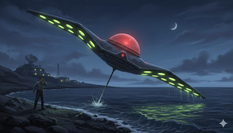 Realistic illustration of the 1952 Shemya Island USO sighting; a bat-shaped craft with a red dome and green glowing ports submerges into the Alaskan waters as a witness watches from the shore.