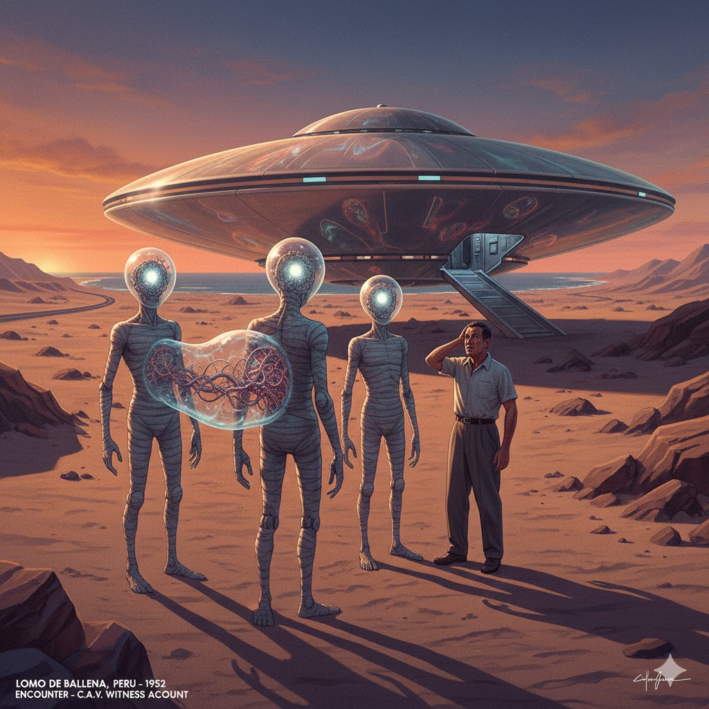 Realistic illustration of the 1952 Lomo De Ballena encounter in Peru, showing mummy-like entities with transparent faces near a metallic disc in the desert.
