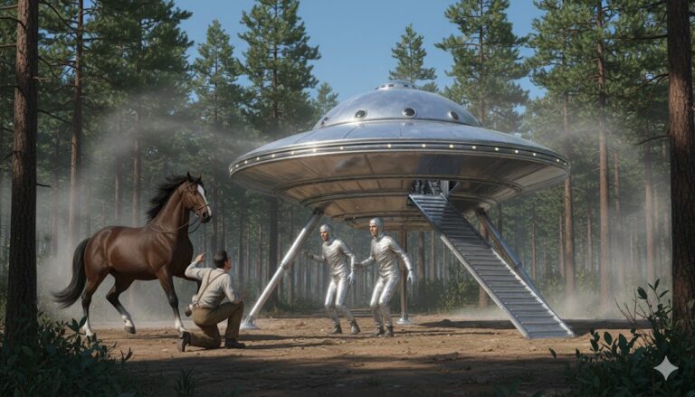 Realistic illustration of the 1952 Mount Spokane UFO landing, featuring a domed disc on metallic legs, three men in silver coveralls, and a startled horse with its owner.