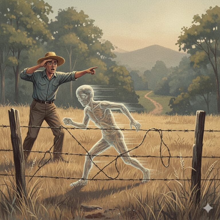 Illustration of the 1952 Passa Tempo, Brazil UFO encounter; a transparent humanoid entity phases through a barbed-wire fence while witness Mauricio Rangel watches in shock.