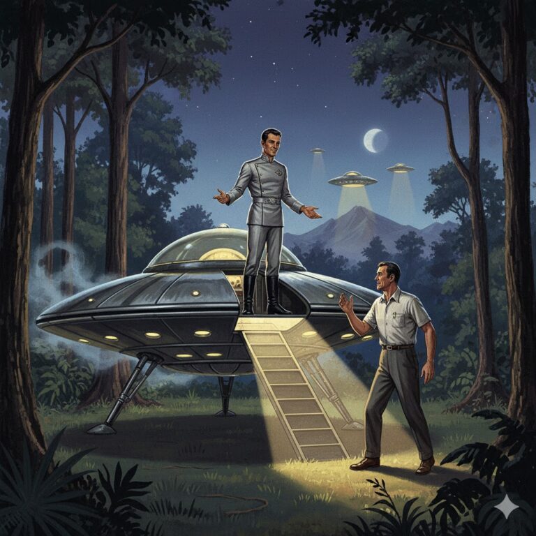 Illustration of the 1952 Angatuba Mountains UFO contact; witness Dino Kraspedon stands near a landed saucer while a humanoid captain in a grey uniform gestures from the craft's ramp.