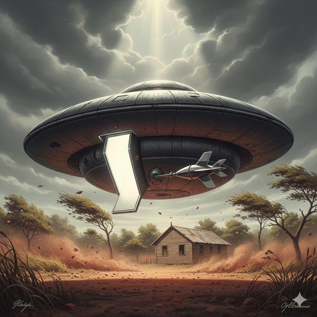 Illustration of the 1952 Cubatao UFO incident: a bus-sized metallic craft with an open door and a small arrow-like probe hovering over a rural Brazilian schoolhouse.