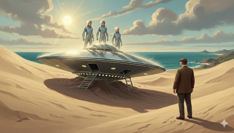 Illustration of the 1952 Dyfed Wales UFO encounter near Castlemartin, featuring a shiny metallic disc-shaped craft in the sand dunes and humanoid entities observed from the witness's perspective.