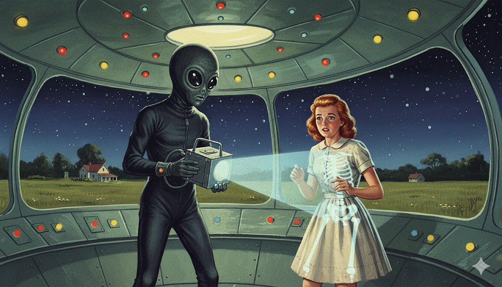 Illustration of the 1952 Waltham, Massachusetts abduction; a humanoid in a black diving suit uses an X-ray-like device to examine a young girl inside a metallic craft.