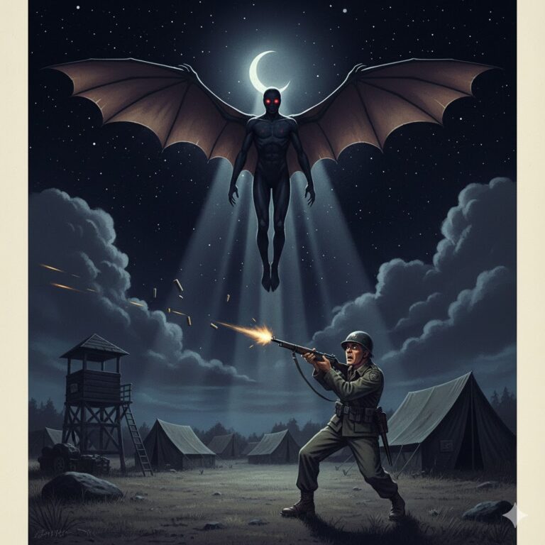 Illustration of the 1952 Camp Okubo incident: a 7-foot winged humanoid hovering above a military guard who is firing a rifle at the entity.