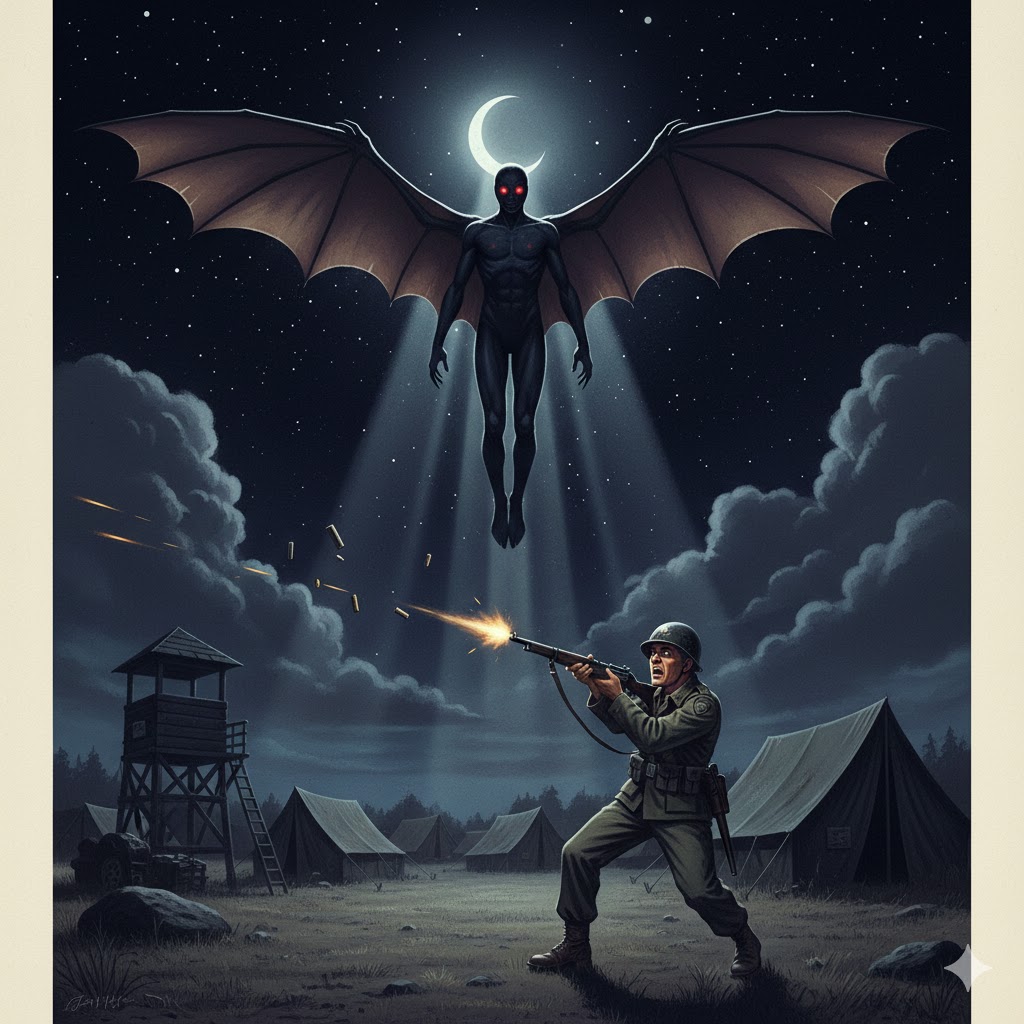 Illustration of the 1952 Camp Okubo incident: a 7-foot winged humanoid hovering above a military guard who is firing a rifle at the entity.