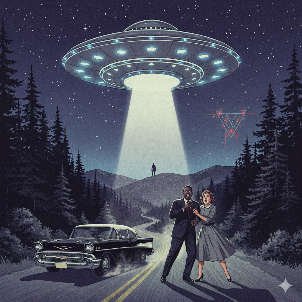 Cinematic digital illustration of Betty and Barney Hill standing by their 1957 Chevrolet on a dark New Hampshire road as a glowing, disk-shaped UFO descends from the night sky, depicting the first documented alien abduction case in US history.