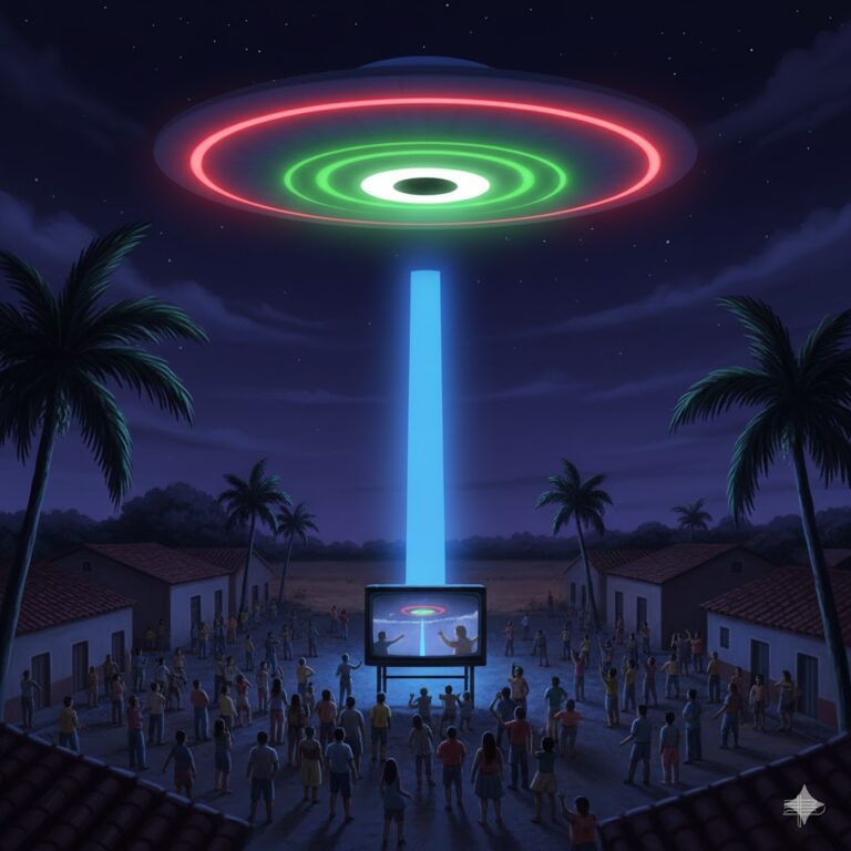 Artist's recreation of the 1999 Jardim das Piranhas UFO sighting in Brazil, showing a morphing orb with a central hole and changing colors over a public square during a community screening.