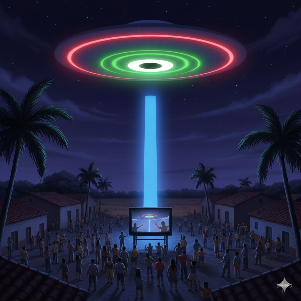 Artist's recreation of the 1999 Jardim das Piranhas UFO sighting in Brazil, showing a morphing orb with a central hole and changing colors over a public square during a community screening.