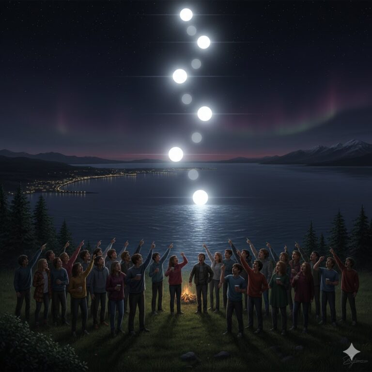 Artist's recreation of the 1988 Homer, Alaska UFO sighting showing a pulsing white light performing zig-zag jumping maneuvers over Kachemak Bay for a group of witnesses.