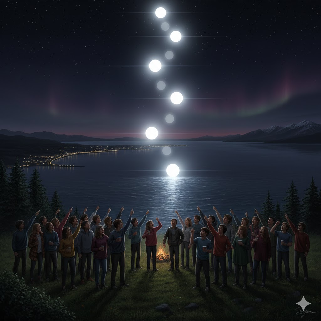 Artist's recreation of the 1988 Homer, Alaska UFO sighting showing a pulsing white light performing zig-zag jumping maneuvers over Kachemak Bay for a group of witnesses.