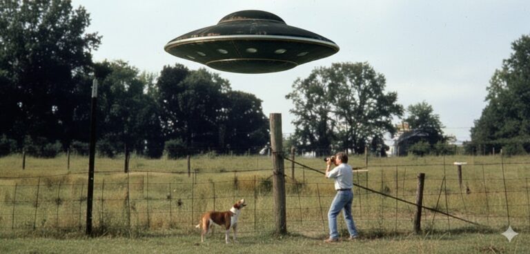 Artist's recreation of the 1996 Valley, Alabama UFO sighting showing a capsule-shaped craft with a Teflon-like bottom hovering over a rural pasture while a witness and his dog observe.