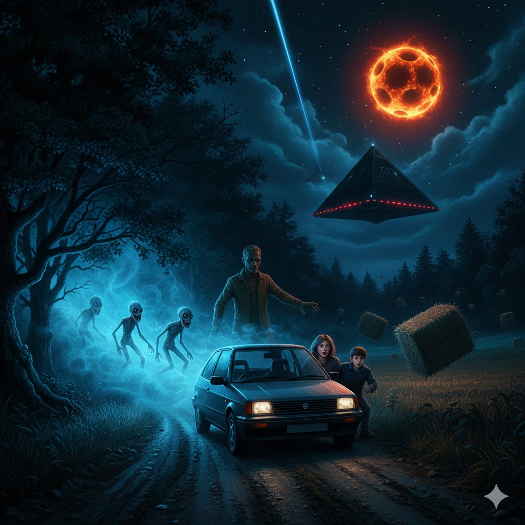 Artist's recreation of the 1996 Fife Incident in Scotland, showing small grey beings with jagged teeth emerging from a blue mist toward a car, with a large triangular UFO and a fiery orange sphere in the night sky.