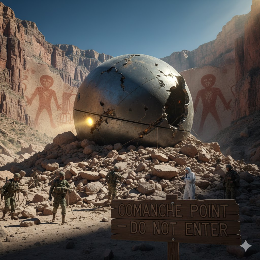 Artist's recreation of a 4,000-year-old spherical UFO discovery in the Grand Canyon at Comanche Point, featuring military personnel and ancient Indian cave paintings of bulbous-headed humanoids.