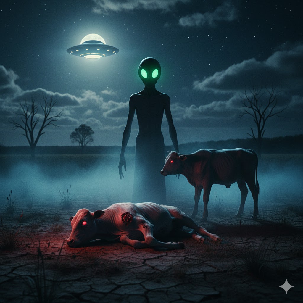 Artist's recreation of the 2012 Formosa, Argentina cattle mutilation incident, featuring a tall entity with large fluorescent green eyes standing in a dark field near a paralyzed calf under a hovering UFO.