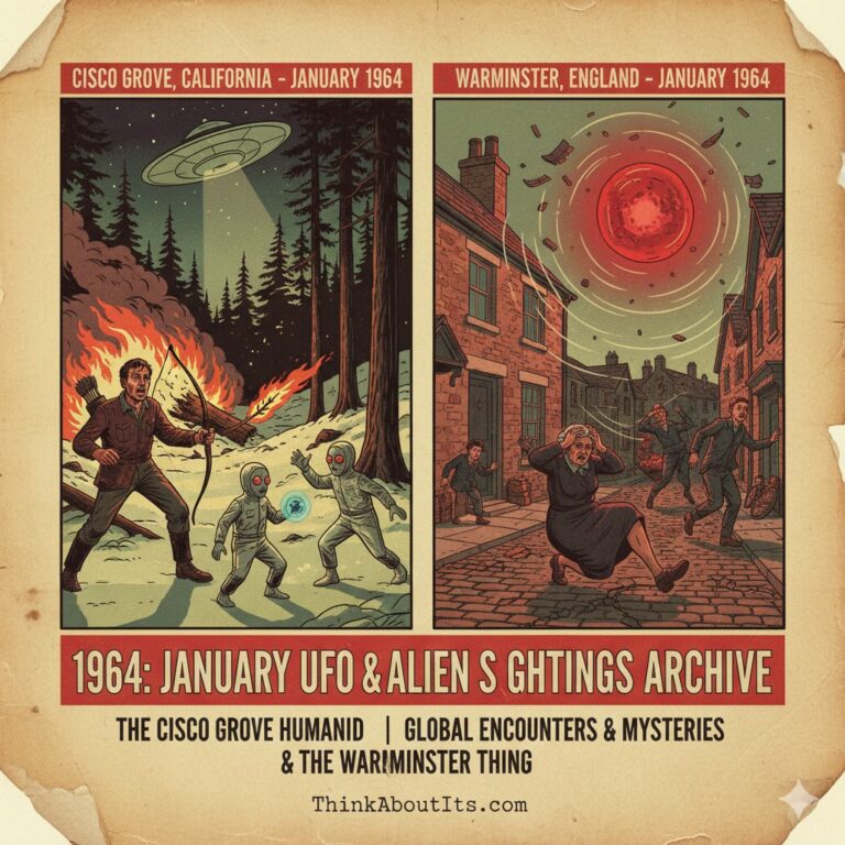 1964 January UFO sightings archive featuring the Cisco Grove humanoid and Warminster Thing.