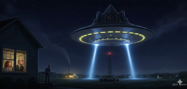 Artist's recreation of the 1985 Amherst, Ohio UFO sighting showing a large disc-shaped craft with a pyramid superstructure and blue beams over a neighborhood.