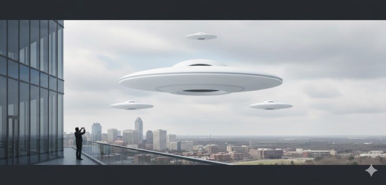 Artist's recreation of the 2014 Raleigh UFO sighting showing four white disk-shaped objects with central holes in a triangular formation over the city skyline.