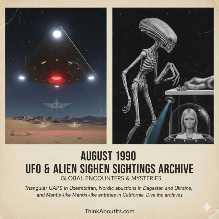 August 1990 UFO sightings archive featuring triangular UAPs and Mantis-like entities in California and Uzbekistan.