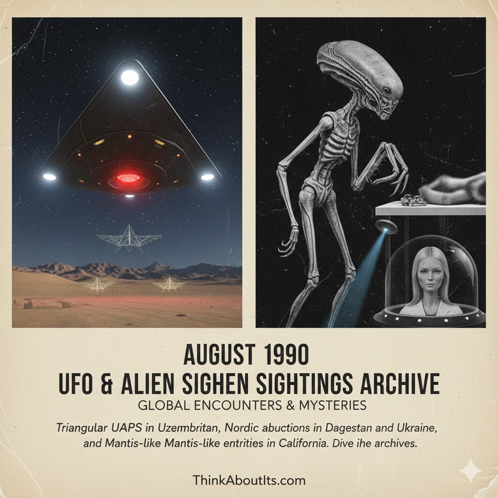 August 1990 UFO sightings archive featuring triangular UAPs and Mantis-like entities in California and Uzbekistan.