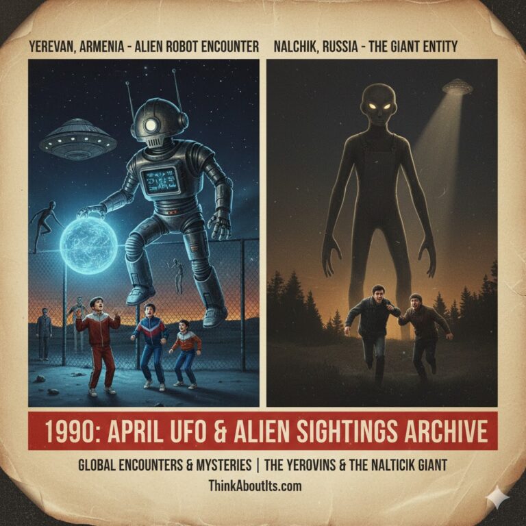 1990 April UFO sightings archive featuring Yerevan alien robot and Nalchik giant entity.