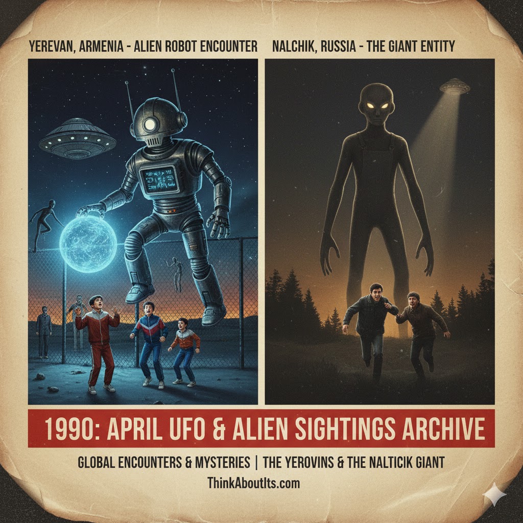1990 April UFO sightings archive featuring Yerevan alien robot and Nalchik giant entity.