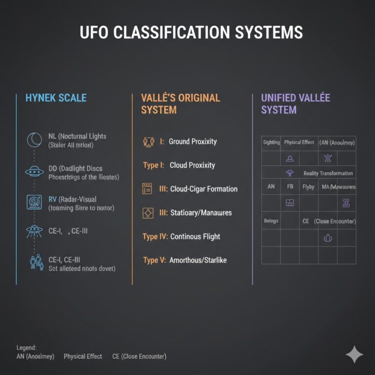 A comprehensive infographic comparing the Hynek Scale, Vallee’s Original System, and the Unified Vallee System for UFO classification.
