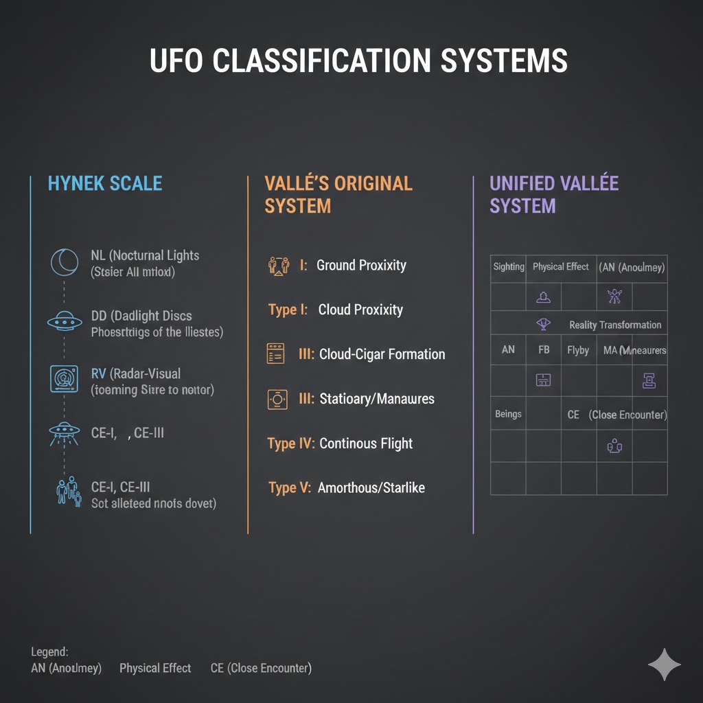 A comprehensive infographic comparing the Hynek Scale, Vallee’s Original System, and the Unified Vallee System for UFO classification.