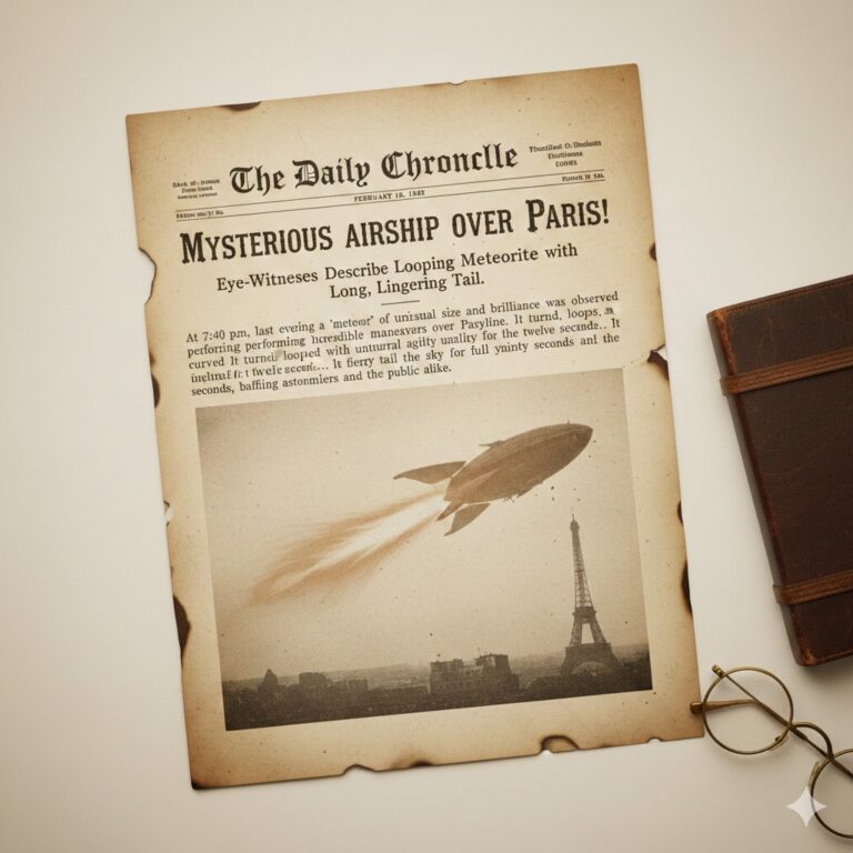 1902 UFO sighting archive - Historical newspaper report illustration of mysterious airship over Paris.