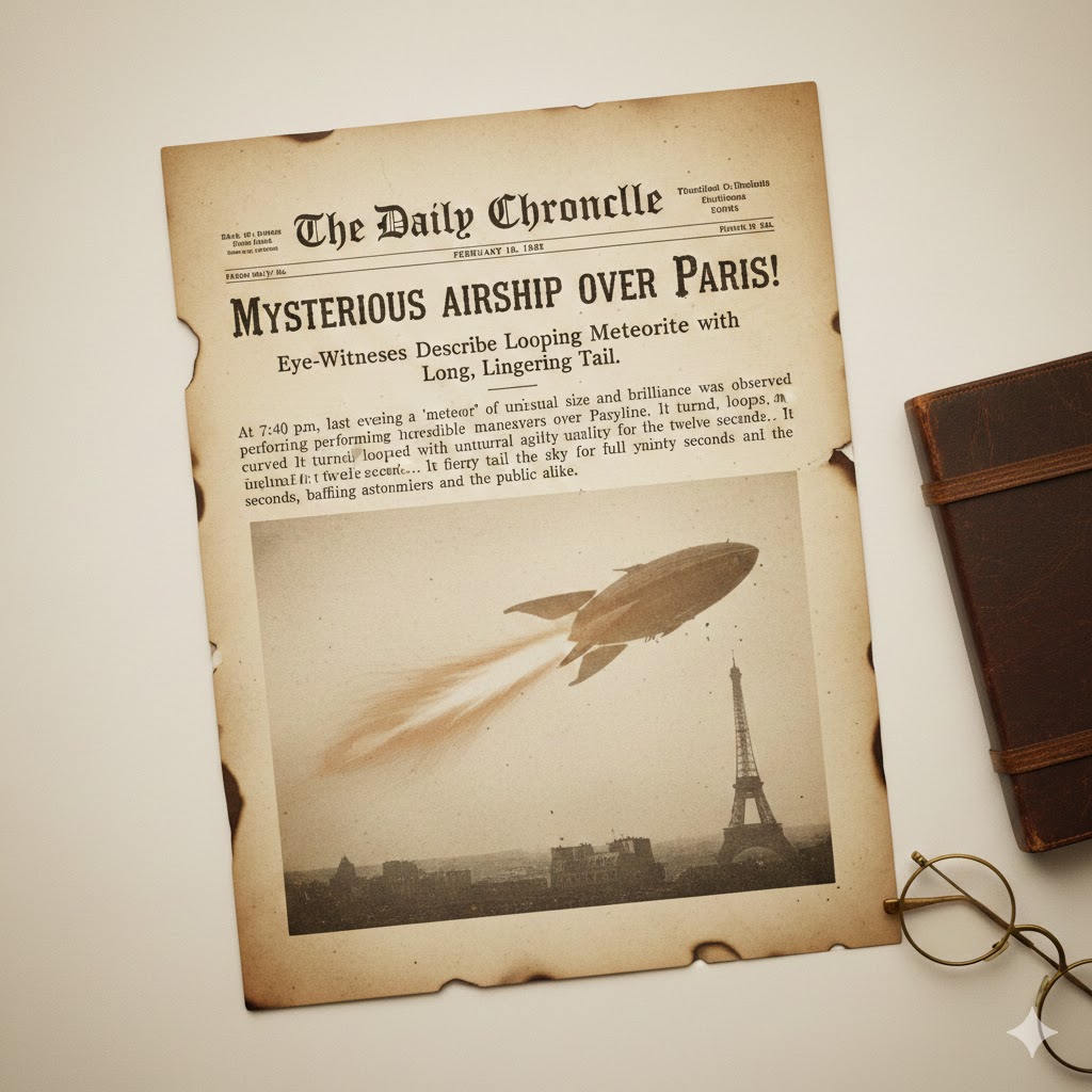 1902 UFO sighting archive - Historical newspaper report illustration of mysterious airship over Paris.
