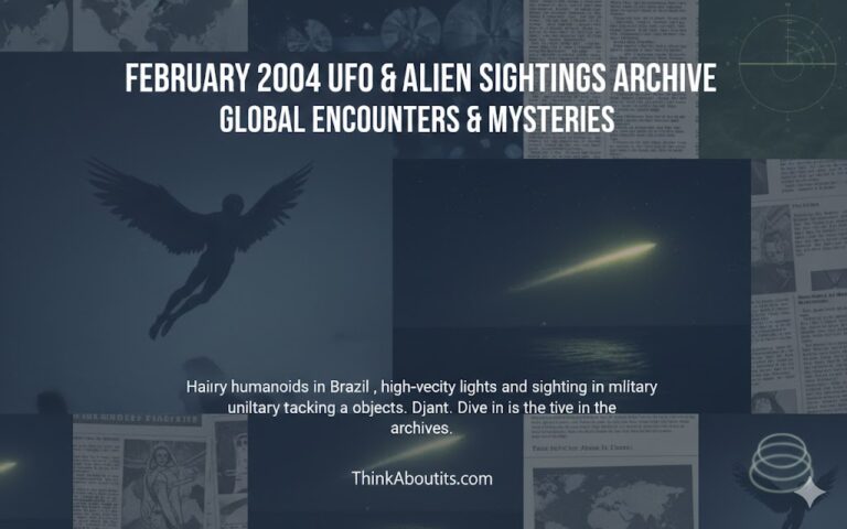 Collage of February 2004 UFO sightings including hairy humanoids in Brazil and aerial anomalies.