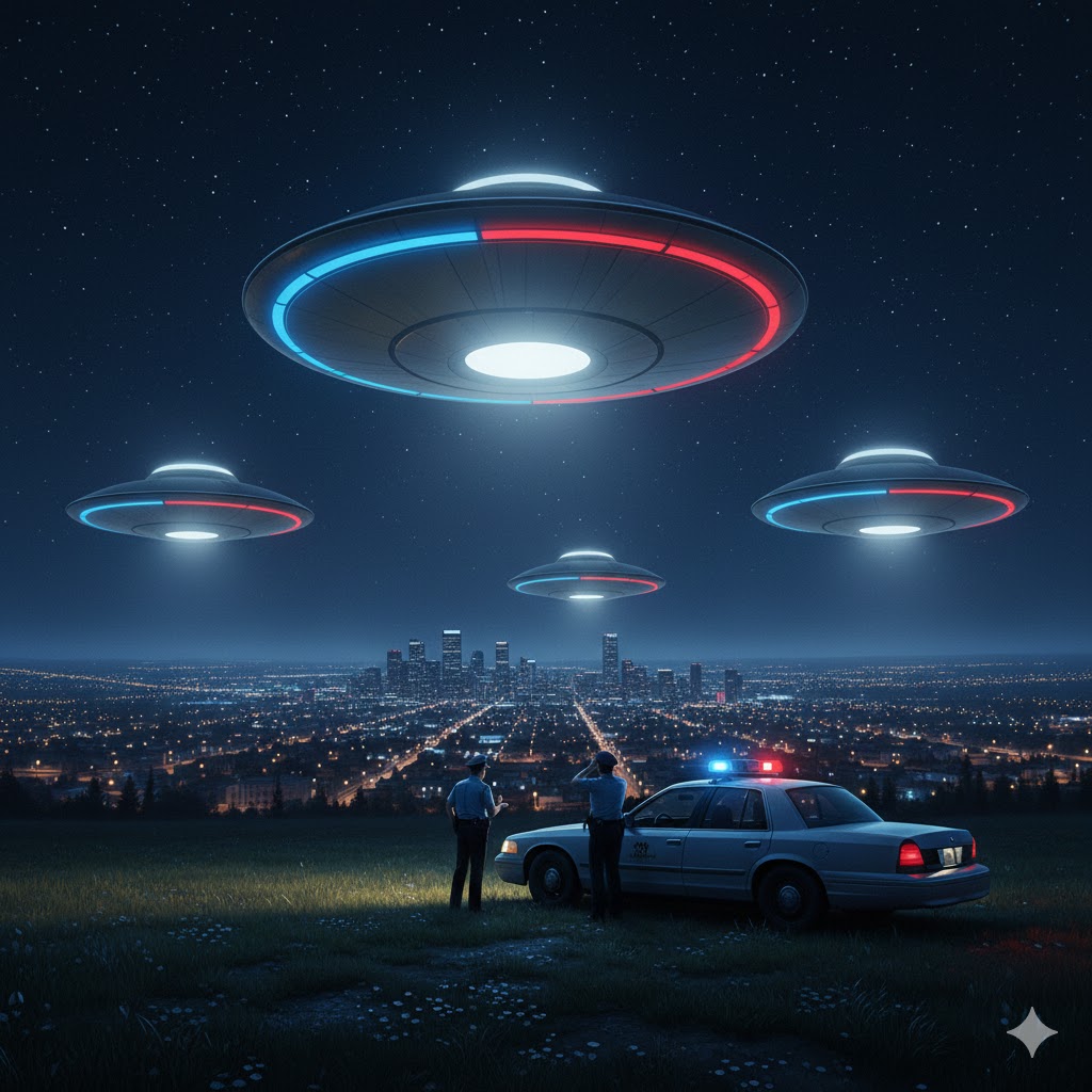 Calgary Canada Multiple Sighting saucer craft with red and blue rotating lights