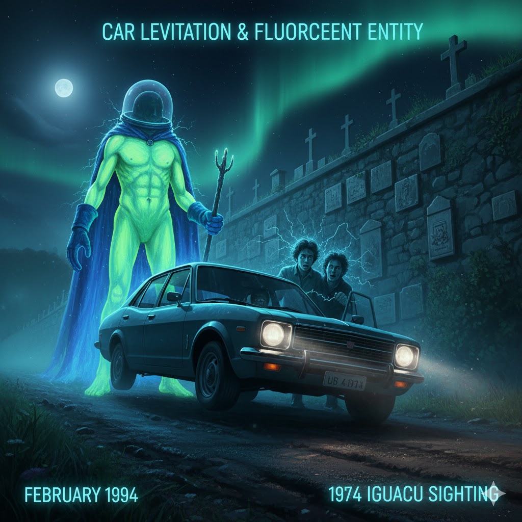 1974 Iguacu Sao Paulo Brazil Sighting fluorescent humanoid and levitating car near cemetery wall
