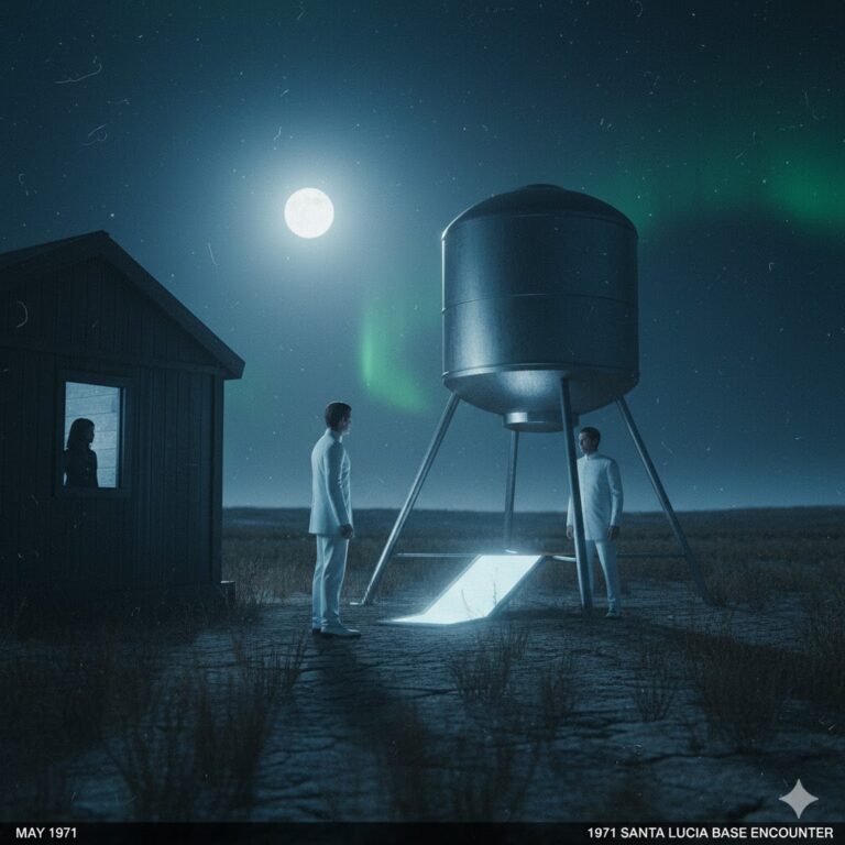 1971 Santa Lucia Military Base Encounter cylinder UFO and humanoid entities in white uniforms