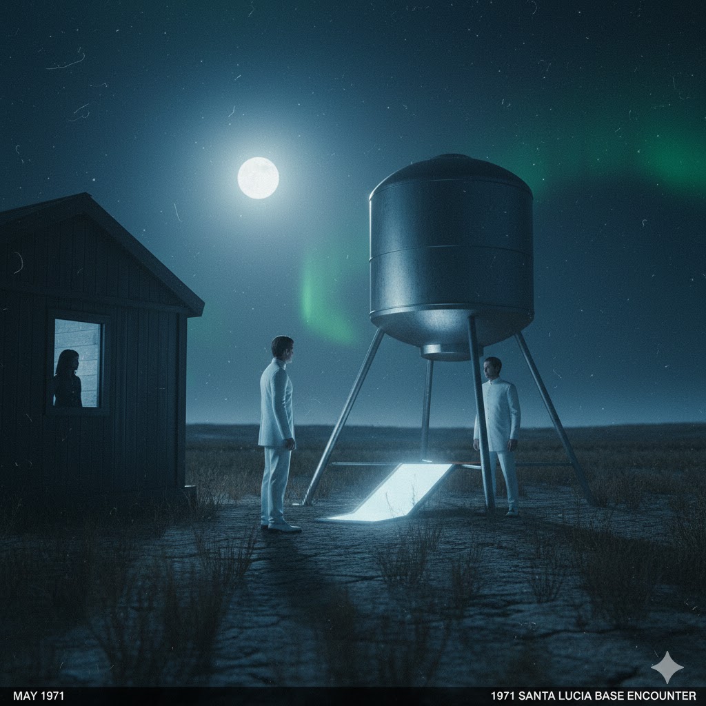 1971 Santa Lucia Military Base Encounter cylinder UFO and humanoid entities in white uniforms