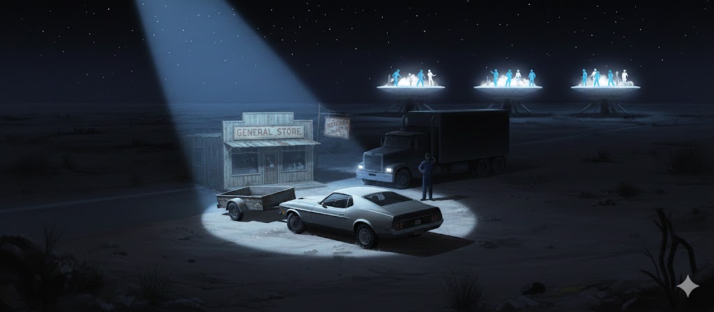 Illustration of the 1972 Mercury Texas UFO abduction incident showing a Mustang Mach I and a phantom storefront.
