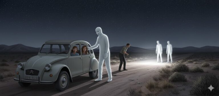 Visual representation of the 1972 Vallecito abduction showing the Citroen 3CV and the tall, luminous white humanoid entities on a dirt road in San Juan, Argentina.