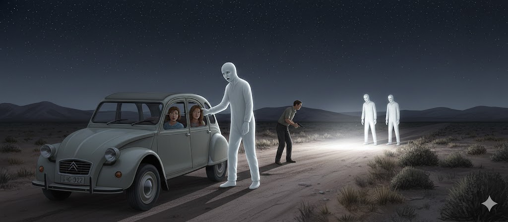 Visual representation of the 1972 Vallecito abduction showing the Citroen 3CV and the tall, luminous white humanoid entities on a dirt road in San Juan, Argentina.