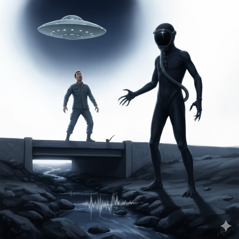 Illustration of the 1971 F.E. Warren AFB abduction in Cheyenne, Wyoming, featuring a tall entity in a black bodysuit with a respiratory tube and a saucer-shaped UFO above a bridge.