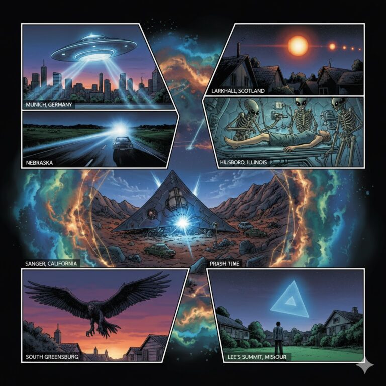 Collage of August 2010 UFO sightings including a saucer over Munich, an entity encounter in Hillsboro, and a triangular craft in Missouri.