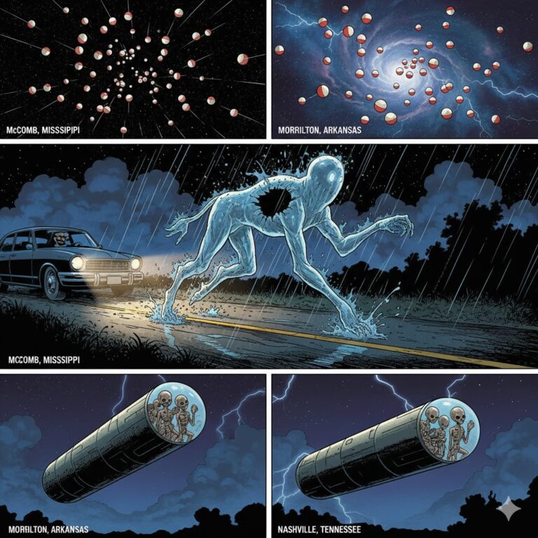 Collage of September 2010 UFO sightings including the invisible creature in Mississippi, spheres in Arkansas, and humanoid occupants in Nashville.