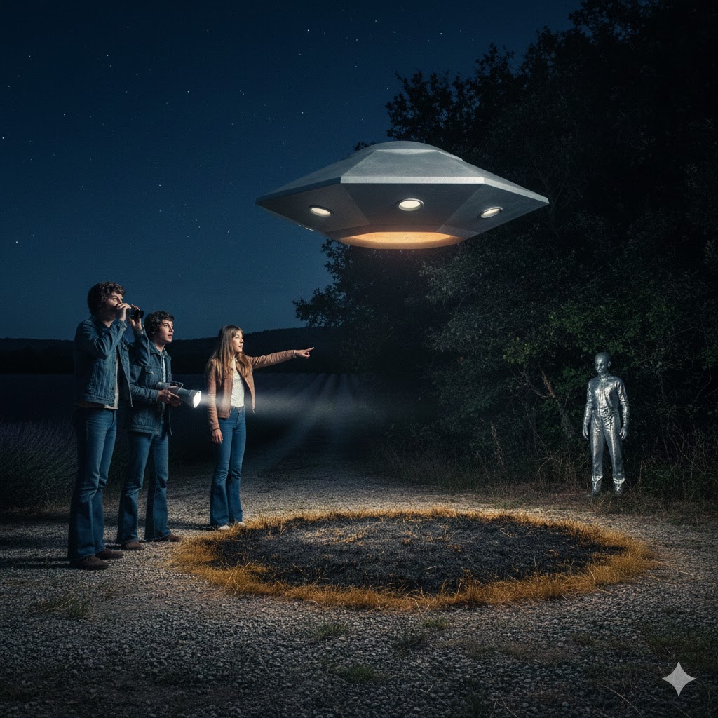 Illustration of the 1978 Nyons France encounter showing a glowing rhombus-shaped craft hovering silently over a wooded clearing while several teenagers observe from a distance.