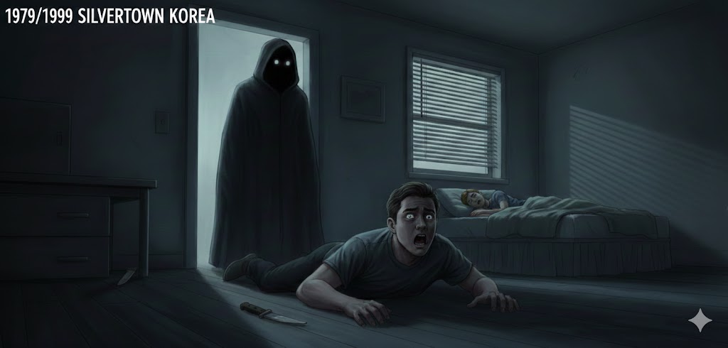 Illustration of the 1979 Silvertown Korea encounter showing a shadowy hooded figure gliding across an apartment floor toward a witness