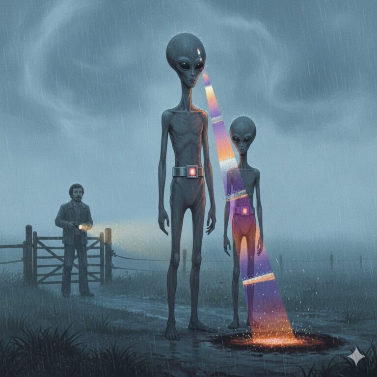 Illustration of the 1978 Rimini Italy encounter showing two thin, Modigliani-style Greys with glowing silver belts standing in a foggy field while a witness watches from a gate.