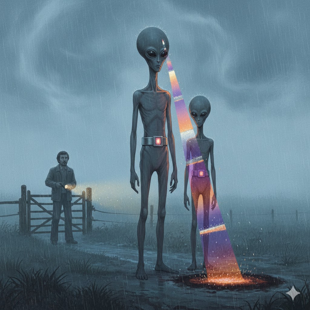 Illustration of the 1978 Rimini Italy encounter showing two thin, Modigliani-style Greys with glowing silver belts standing in a foggy field while a witness watches from a gate.