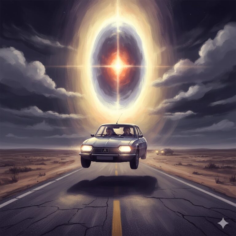 Illustration of the 1978 Carmen de Patagones encounter showing a Citroen GS 1220 rally car levitating 2 meters above a desert road, enveloped in a thick, brilliant yellowish-violet light.